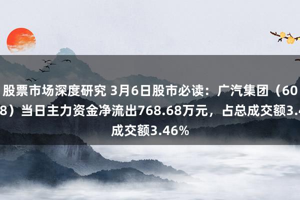 股票市场深度研究 3月6日股市必读：广汽集团（601238）当日主力资金净流出768.68万元，占总成交额3.46%