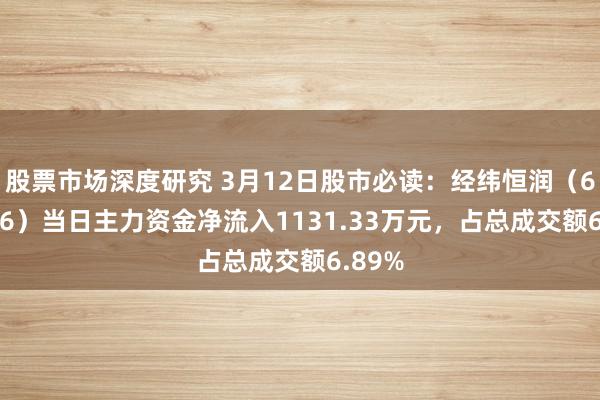 股票市场深度研究 3月12日股市必读：经纬恒润（688326）当日主力资金净流入1131.33万元，占总成交额6.89%